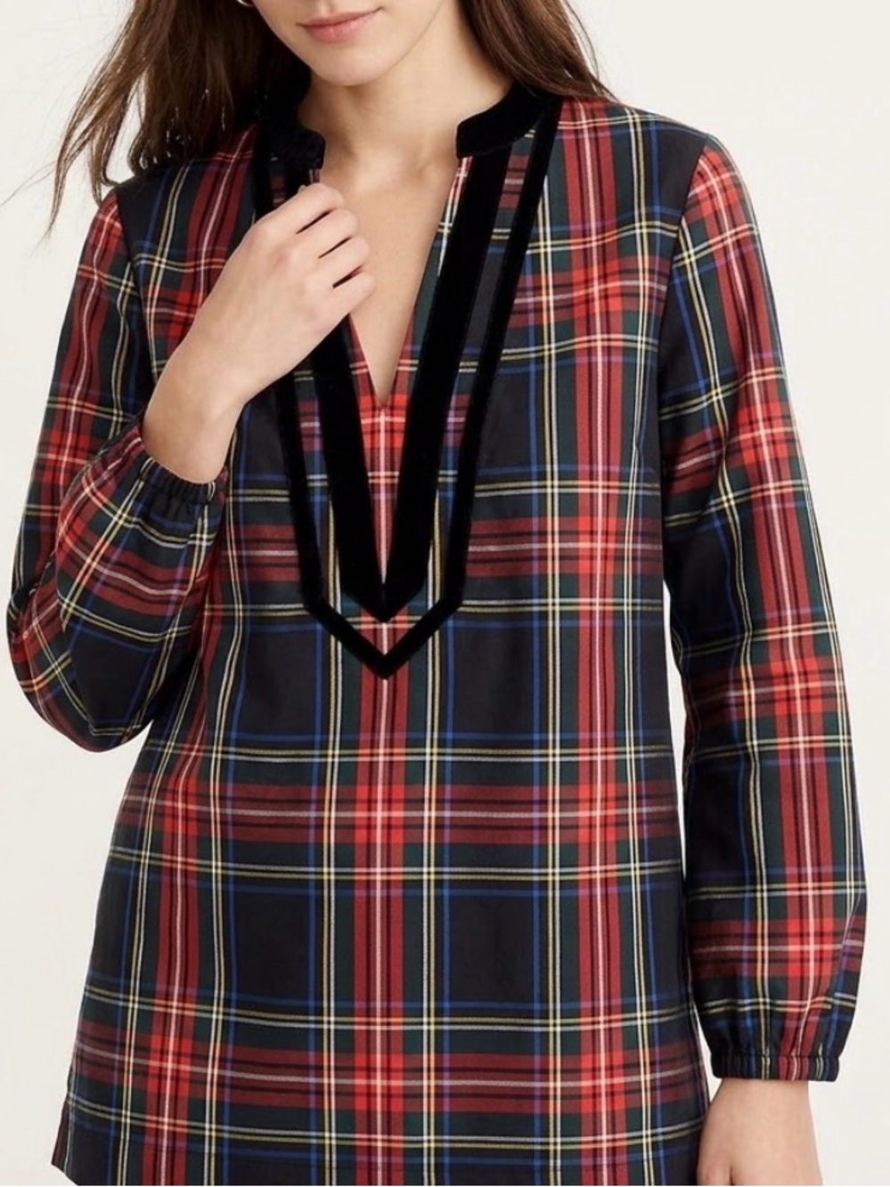 J.Crew Black Velvet-trimmed V-neck Tunic in Stewart Tartan Plaid
